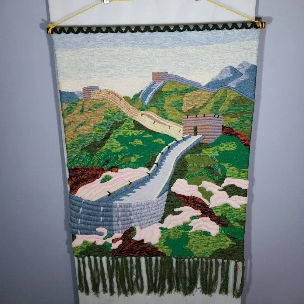 Vintage Chinese 3D Hand Embroidered Great Wall Tapestry Wall Hanging 24.5x31